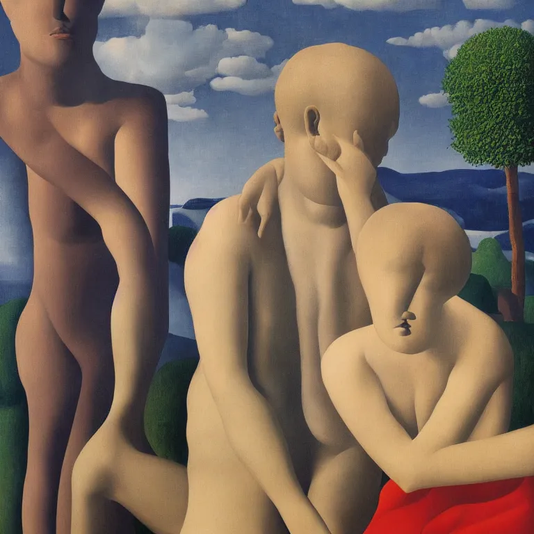 Image similar to the lovers, by rene magritte, detailed painting, distance, centered, hd, hq, high resolution, high detail, 4 k, 8 k