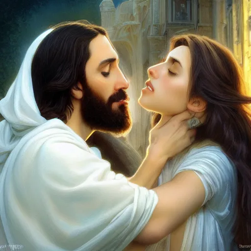 Image similar to jesus kissing a sensual woman in jerusalem, elegant, highly detailed, digital painting, artstation, concept art, matte, sharp focus, highly detailed, 4 k, hdr, smooth, sharp focus, high resolution, award - winning photo, photorealistic, art by artgerm and greg rutkowski and alphonse mucha, large shot