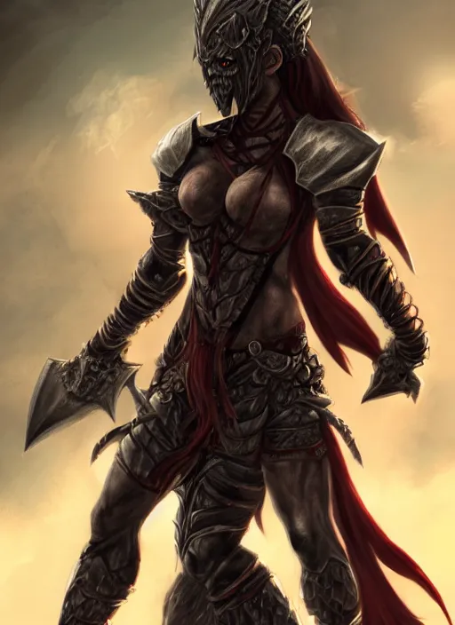 Image similar to female vampire warrior holding a monstrous zweihander, full portrait, sharp teeth, smiling, muscular, flying, barefoot, foot wraps, exposed toes, black heavy armor, realistic armor, metal mask, in the style of ghostblade, wlop, modern fantasy, regular proportions.