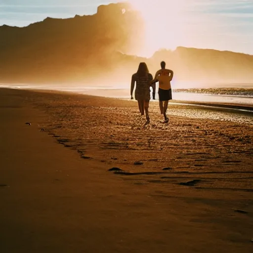 Prompt: a candid style photography of people walking on an Oregon beach, natural lighting, golden hour, well lit, Kodak gold 200 film, trending on instagram