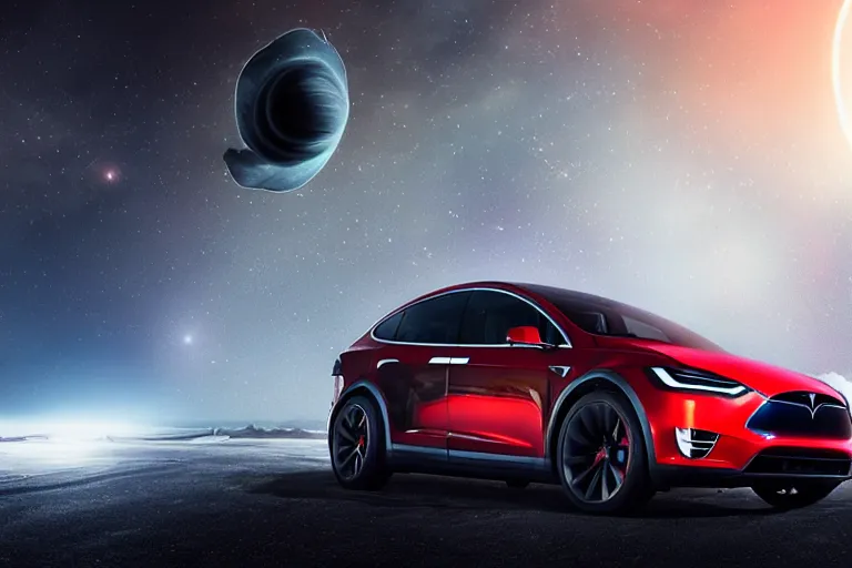 Image similar to A professional photo of a Tesla Model X car in orbit around a black hole; high-quality, dramatic lighting; extremely high detail; trending on artstation