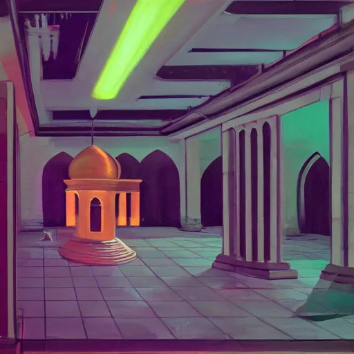 Image similar to beautiful woman, courtyard, capital, mosque interior, reflections, control panel, watcher, omniscient, tech noir, few neon signs, concept art, speed painting, oil on canvas