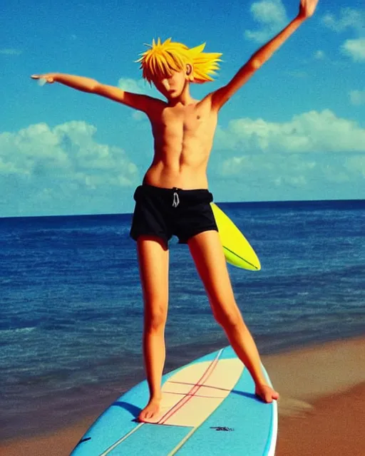 Image similar to dreamy tiktok iPhone photo of beautiful Nagisa Kaworu from evangelion having fun as a surfer in Florida, 35mm, cinematic, trending on Instagram, Asuka as a surfer model, 8k, 4k