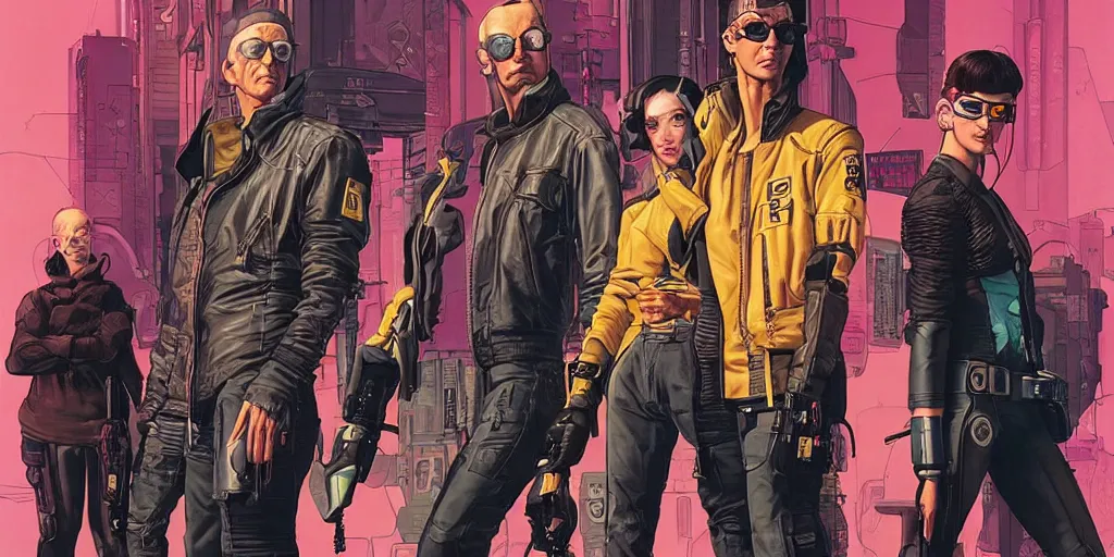 Prompt: cyberpunk heist crew. portrait by stonehouse and mœbius and will eisner and gil elvgren and pixar. character design. realistic proportions. dystopian. cyberpunk 2 0 7 7 character art, blade runner 2 0 4 9 concept art. cel shading. attractive face. thick lines. hi def 4 k. the team. detailed interesting characters. realistic faces.