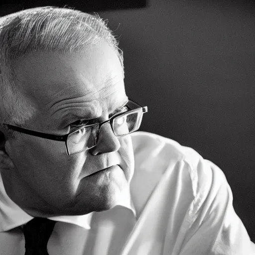 Prompt: ultrarealistic photo of former prime minister scott morrison lurking in the shadows in the style of film noir, full body, hiding, high contrast, 8 k, raw, unedited, symmetrical balance, in - frame