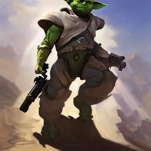 Image similar to greg manchess portrait painting of armored baby - yoda grogu as overwatch character, medium shot, asymmetrical, profile picture, organic painting, sunny day, matte painting, bold shapes, hard edges, street art, trending on artstation, by huang guangjian and gil elvgren and sachin teng