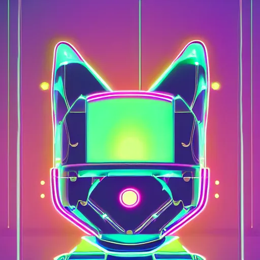 Image similar to a half robot cat wearing a hat, outlined by whirling illuminated neon lines, outrun, vaporware, shaded flat illustration, digital art, trending on artstation, highly detailed, fine detail, intricate