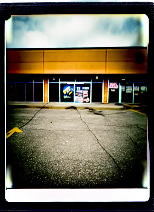 Image similar to polaroid photograph of an empty blockbuster store parking lot, liminal space, familiar place, mannequins, black mold, amateur, 3 5 mm, raw, 4 k, hd