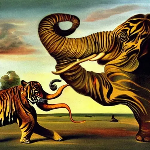 Image similar to an elephant fighting with a tiger painted by Salvador Dalí.