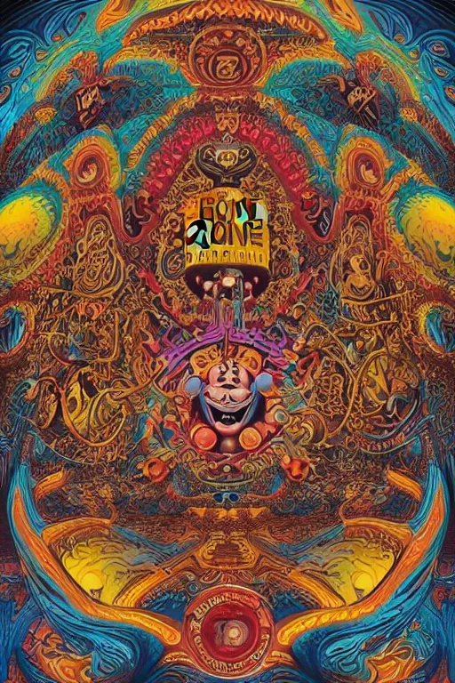 Image similar to Flowing lettering that says The Bozone, Fillmore concert poster for The Bozone by Robert Crumb, by Victor Moscoso, by Laurie Lipton, black light velvet poster, intricate paisley filigree, Bozo the clown. Clown motif, Shiny bulbous red clown nose at the center of an infinite fractal mandala tunnel of clowns, Unreal Engine, Cryengine, Artstation