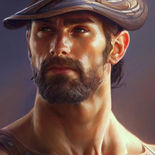 Image similar to portrait of a rugged ranger, muscular, upper body, 👅 👅 , D&D, fantasy, intricate, elegant, highly detailed, digital painting, artstation, concept art, smooth, sharp focus, illustration, art by artgerm and greg rutkowski and alphonse mucha