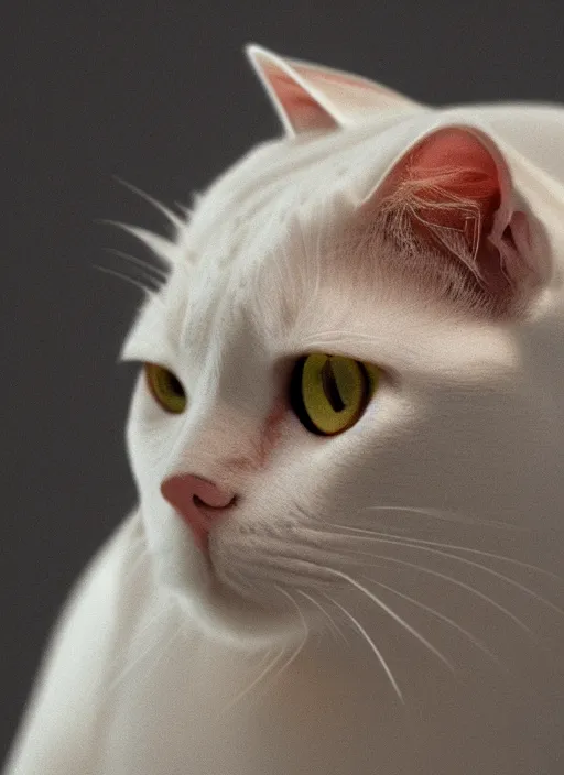 Image similar to a portrait of a white cat with orange spots, 8k photorealistic, cinematic lighting, HD, high details, dramatic, trending on artstation, view from a distance