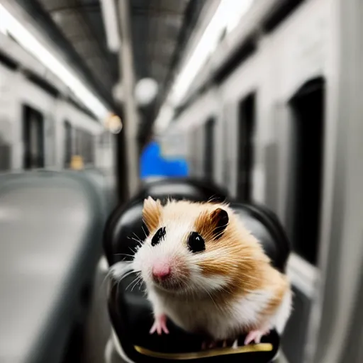 Image similar to photo of a metro train interior, a tiny hamster is sitting on a seat, various poses, unedited, soft light, sharp focus, 8 k