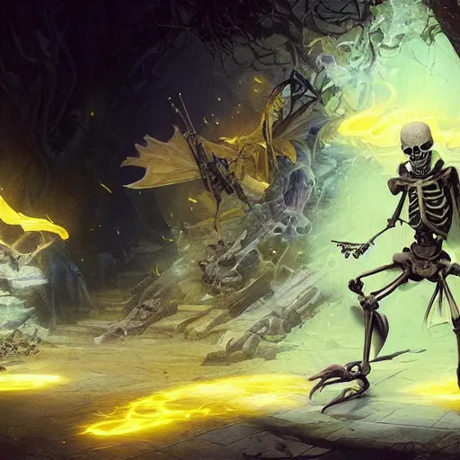 Image similar to skeleton glowing in white yellow light spell scroll art by artgerm and greg rutkowski and Craig Mullins, James Jean, Andrey Ryabovichev, Mark Simonetti and Peter Morbacher 16k