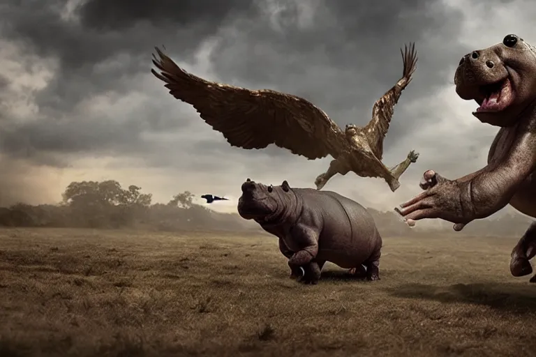 Image similar to hippo with eagle wings fighting zombies, cinematic, dramatic lighting