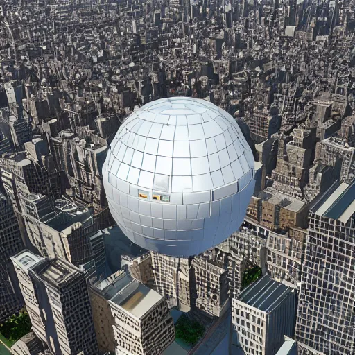 Prompt: isometric view of giant half sphere that is a chunk of a New York neighborhood, floating in the sky, pipes and underground subway station on lower part of the sphere, 3d rendering, f8 aperture