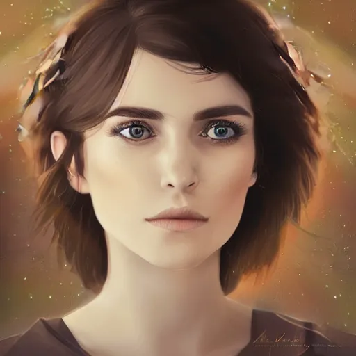 Image similar to a portrait photo of a young woman with short brown hair, a dress, and green eyes, floating in space, trending on artstation