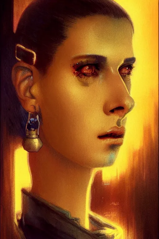 Image similar to character portrait cyberpunk blade runner 2 0 4 9 ( ( ( ( ( ( ( ( totally definitely not negative no not girl with the pearl earring inspired, well maybe a little ) ) ) ) ) ) ), character design, painting by gaston bussiere, katsuya terada, frank frazetta, tom of finland, trending on artstation