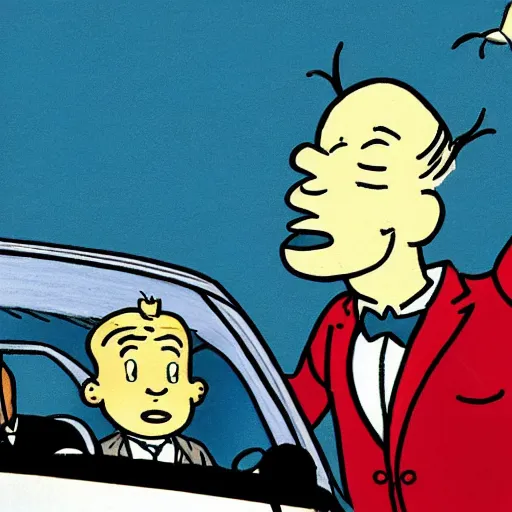 Prompt: a high quality and very detailed drawing of Nicolas Sarkozy and tintin in a car, drawing by Herge, cartoonized comics