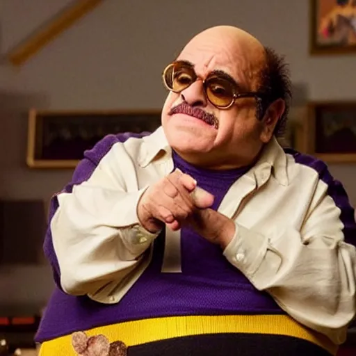 Image similar to danny devito playing wario in a live action film, still frames