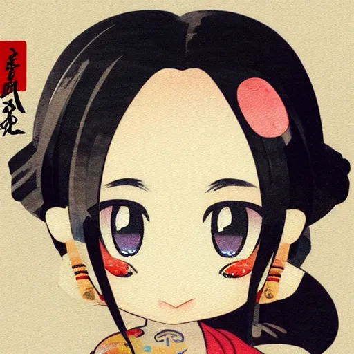 Prompt: beautiful water color concept art of face detailing cute nendoroid girl in the style of ukiyoe , toon rendering, close-up, no shade, modern art, smile, beautiful eye