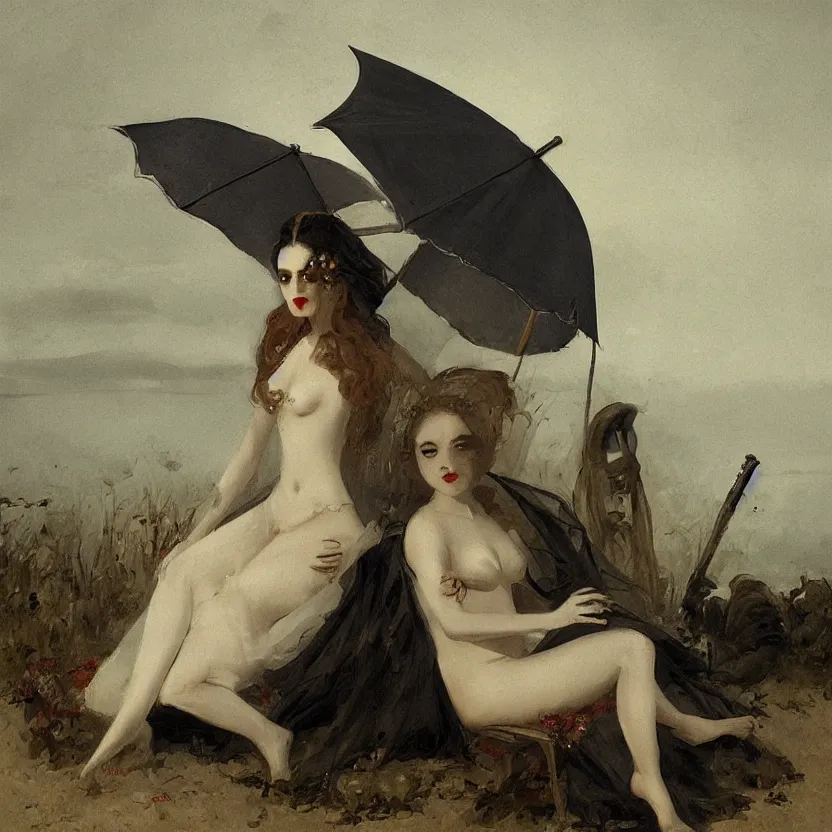 Prompt: portrait of a beautiful and grim vampire queen under a large beach umbrella by William-Adolphe Bouguerea