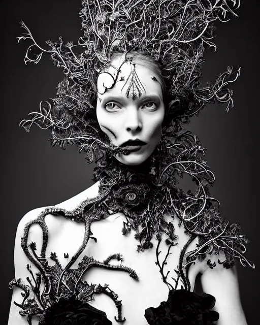Prompt: surreal dark poetic black and white photo portrait of complex bio-mechanical beautiful young silver female vegetal-cyborg with a fur metal fine lace face, a very long neck and a fine metal floral foliage super big lace collar by Vivienne Westwood:: smoke, high fashion, haute couture, rococo, avant-garde, silver filigree details, anatomical, facial muscles, cable wires, microchip, elegant, dreamy, foggy atmosphere, hyper realistic, 150 mm lens, soft rim light, octane render, unreal engine, picture was taken in 1910 by Man Ray, volumetric lighting, dramatic light,8k,