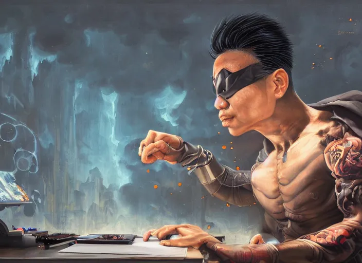 Image similar to an insanely detailed painting of an asian man wearing a homemade superhero costume, sitting at a desk, staring seriously at the computer and typing, in the style of peter mohrbacher, james jean, ruan jia, dramatic lighting and composition, surreal background, octane render, pixar, trending on artstation, concept art, comic book, view from behind, 8 k