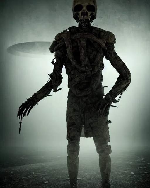 Image similar to full-body creepy realistic illustration central composition, a decapitated soldier with futuristic elements. he welcomes you into the fog with no head, dark dimension, empty helmet inside is occult mystical symbolism headless full-length view. standing on ancient altar eldritch energies disturbing frightening eerie, hyper realism, 8k, sharpened depth of field, 3D, award-winning digital artwork by Salvador Dali, Beksiński, Van Gogh and Monet.