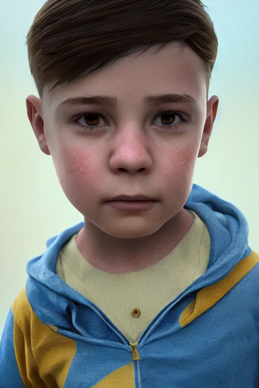 Image similar to hyperrealistic little boy close - up portrait, the portrait is decorated with art deco patterns, hyperrealistic, volumetric lighting, ultra detailed, elegant, octane render, blue and gold, 8 k, trending on artstation, unreal engine