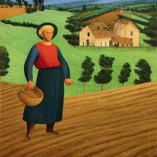 Prompt: Farmer tilling his field by Fra Angelico,