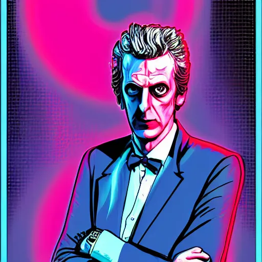 Prompt: a portrait of peter capaldi in retro colors, synthwave style, 2 d digital vector art