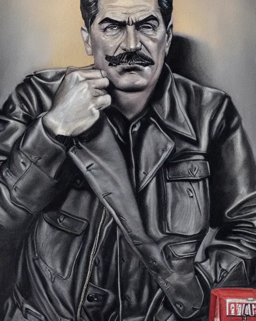 Prompt: portrait of joseph stalin in black leather jacket, gritty, very detailed, hyperrealistic, medium shot, very detailed painting by Glenn Fabry, by Joao Ruas