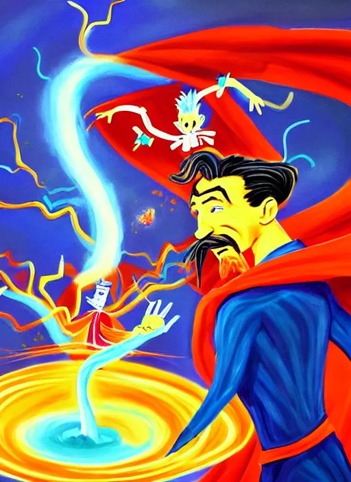 Prompt: a beautiful painting of the third first image on the scattered absurdity server, dr seuss, and dr strange, very pretty, portal hopping and time warping with wild reckless abandon