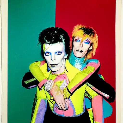 Image similar to david bowie from changes giving a piggy back ride to ziggy stardust. glam rock. colorful. by andy warhol