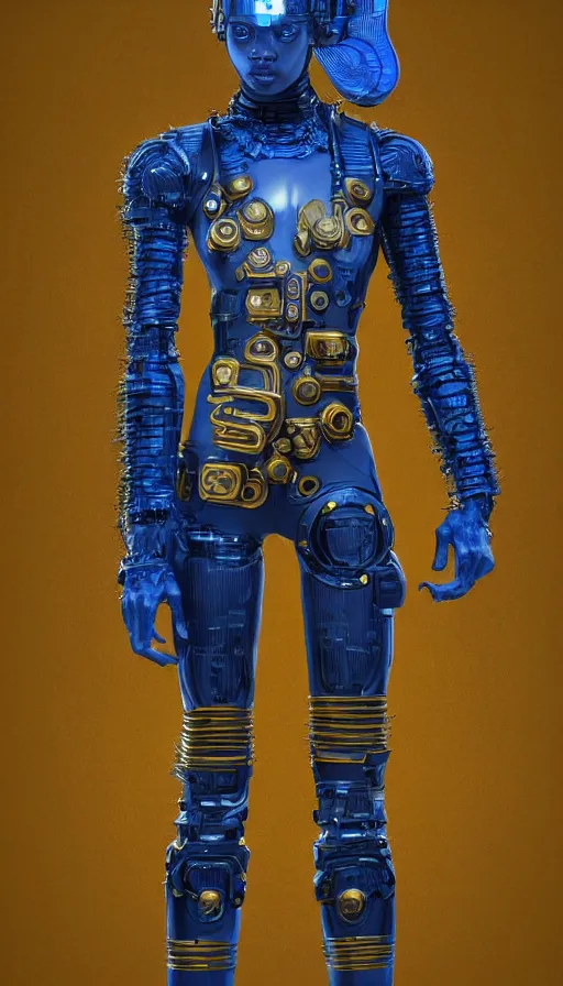 Prompt: full body head to toe portrait of a afropunk sci-fi cyborg ninja, third person, D&D, sci-fi fantasy, intricate, blue and gold, afrofuturism, afro hair style, black skin male, highly detailed, art by Range Murata, highly detailed, 3d, octane render, bright colors, digital painting, trending on artstation, sharp focus, illustration style of Stanley Artgerm, dramatic background