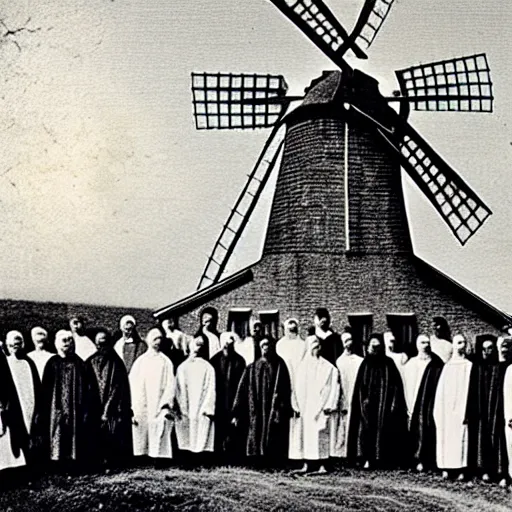 Image similar to an 1800s photo of a windmill. Cult worshippers in robes.