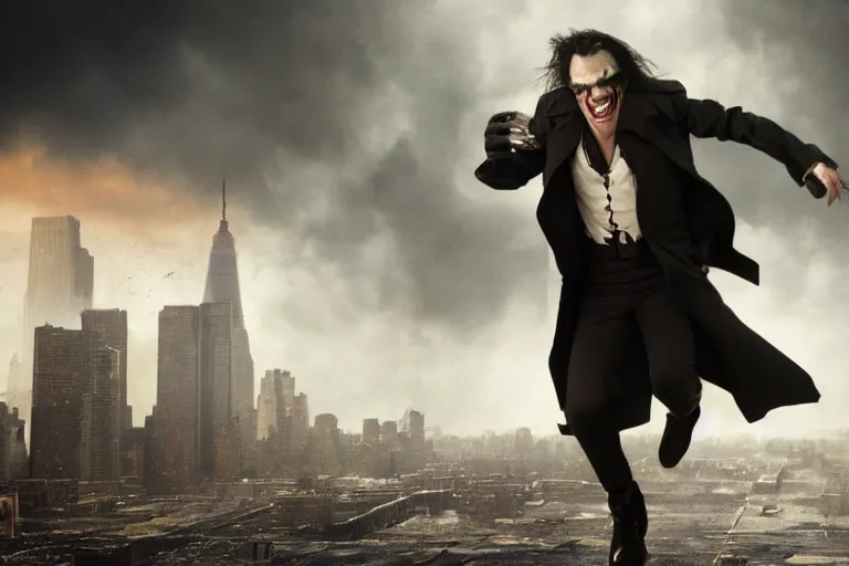 Image similar to vfx movie suave handsome grinning vampire with long white hair, trench coat, dual wielding large revolvers, leaping into the air, low gravity in a shattered reality of new york city, by emmanuel lubezki