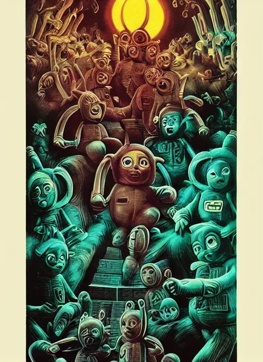 Image similar to teletubbies, grotesque, horror, high details, intricate details, by vincent di fate, artgerm julie bell beeple, 1980s, inking, vintage 80s print, screen print