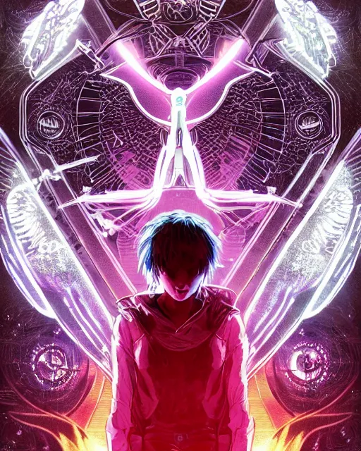 Prompt: white arc - angel with mystic robotic wings, blade runner, akira, ghost in the shell, 2 0 7 7, style of laurie greasley and satoshi kon + symmetric lights and smoke, psychedelic effects, glowing particles, neon rain, glowing runes, de - noise, symmetrical composition, high detailed + tarot card, ornate border, 8 k,