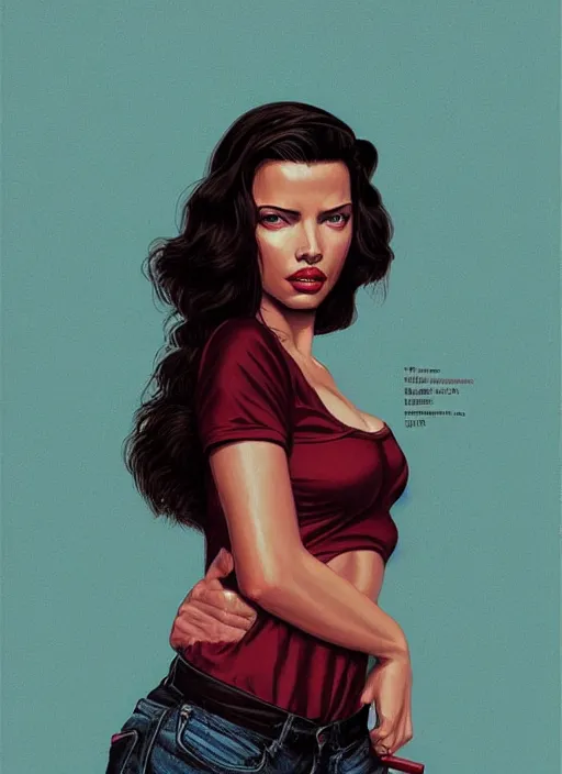 Prompt: twin peaks movie poster art, portrait of adriana lima, from scene from twin peaks, clean, simple illustration, nostalgic, domestic, highly detailed, digital painting, artstation, concept art, smooth, sharp focus, illustration, artgerm, donato giancola, joseph christian leyendecker, wlop