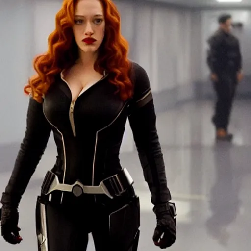 Prompt: a still of! kat dennings as black widow in iron man 2 ( 2 0 1 0 )