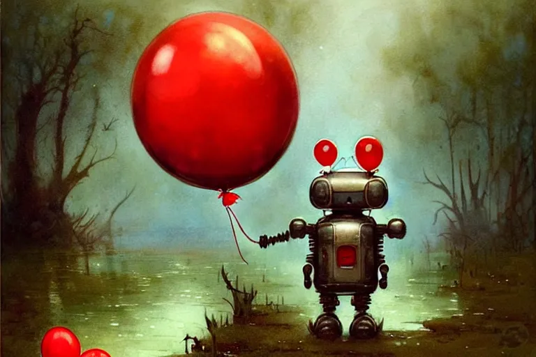 Prompt: adventurer ( ( ( ( ( 1 9 5 0 s retro future robot android mouse holding a red balloon. muted colors. spooky swamp mushrooms island, lillie pads ) ) ) ) ) by jean baptiste monge!!!!!!!!!!!!!!!!!!!!!!!!! chrome red