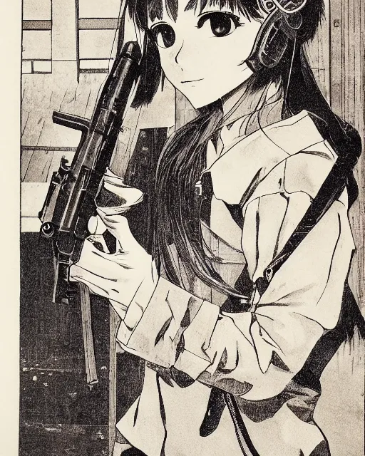 Image similar to portrait of a girl holding a pistol, detailed manga art panel, professional