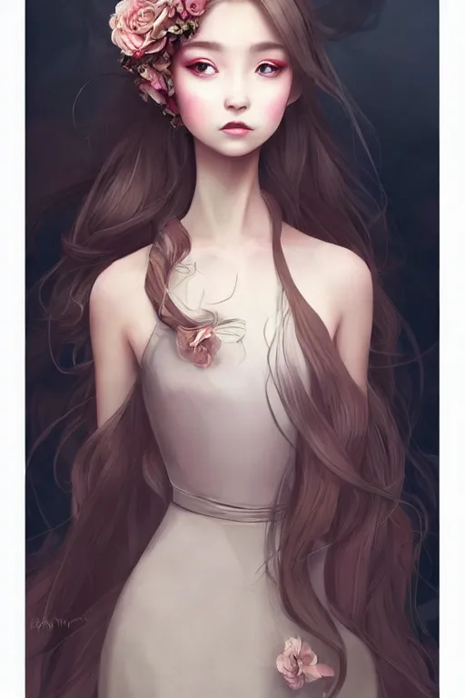 Image similar to romantic and fashion and love princess of the flower with sheath dress, 8 k realistic, teenager girl, baroque, symmetrical, flowing hair, smile, trending pinterest and pixiv, muted colors, hyperrealistic, l close up shot, character concept art, face by kyoung hwan kim, alexandra fomina, ilya kuvshinov