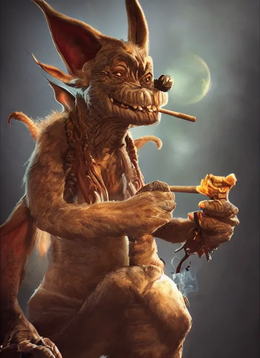 Image similar to pathfinder 2 e illustration of furry goblin smoking a cigar, unreal engine, hyper realism, realistic shading, cinematic composition, realistic render, octane render, detailed textures, photorealistic, wide shot