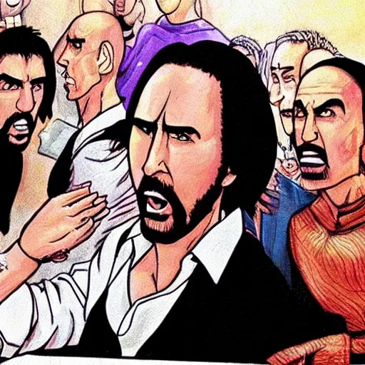 Image similar to nic cage in the last supper as painted by akira toriyama