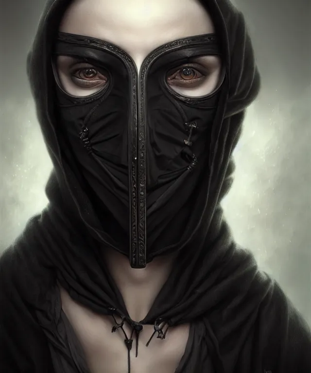 Prompt: man with black fabric mask, highly detailed face!!!, true anatomy!, extremely detailed!, digital painting, unreal engine 5, art by tom bagshaw