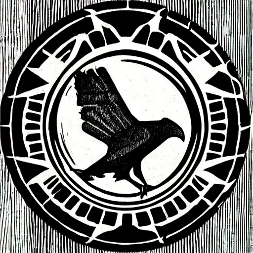 Prompt: brutalist woodcut of flying raven, corporate logo, icon, rondel