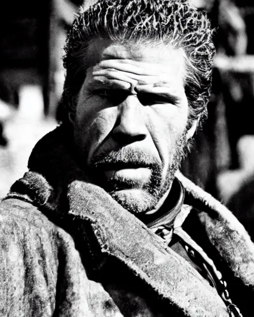 Prompt: film still close up shot of ron perlman as the man with no name from the movie a fistful of dollars. photographic, photography